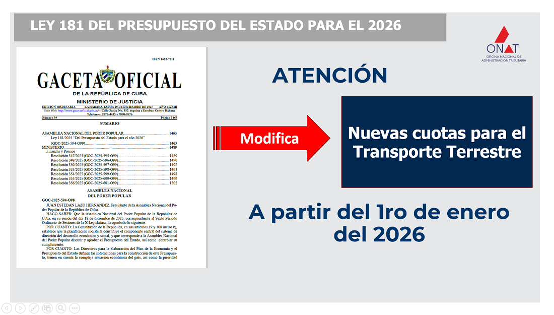 Ley 181 del Presupuesto del Estado para el 2026 establece nuevas cuotas para el pago del Transporte Terrestre.